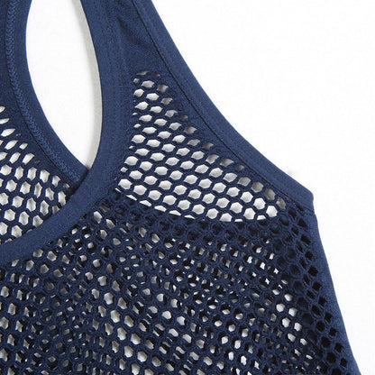 New Women Blue Mesh Sports Running T-Shirts Yoga Tanks Comfortable Loose Style Quick Dry Vest