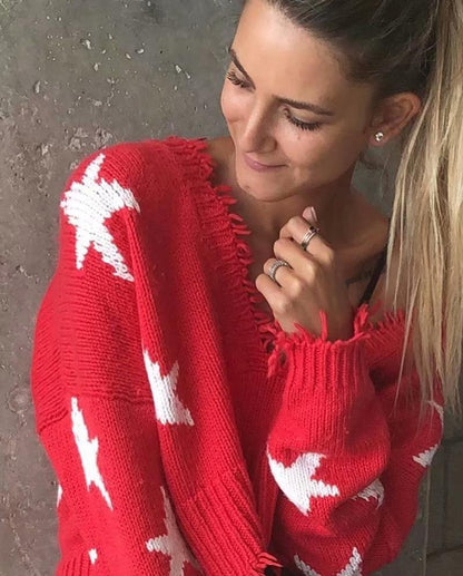 Autumn Long Sleeve Deep V Neck Star Tassels Sweater