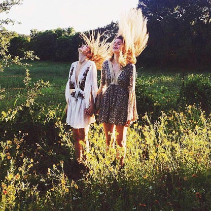 Boho Sexy Embroidered Deep V-Neck Drawstring Long Sleeve Mini Dress