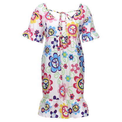 Bohemian Loose Flower Print Short-Sleeved Ruffled Summer Mini Dress