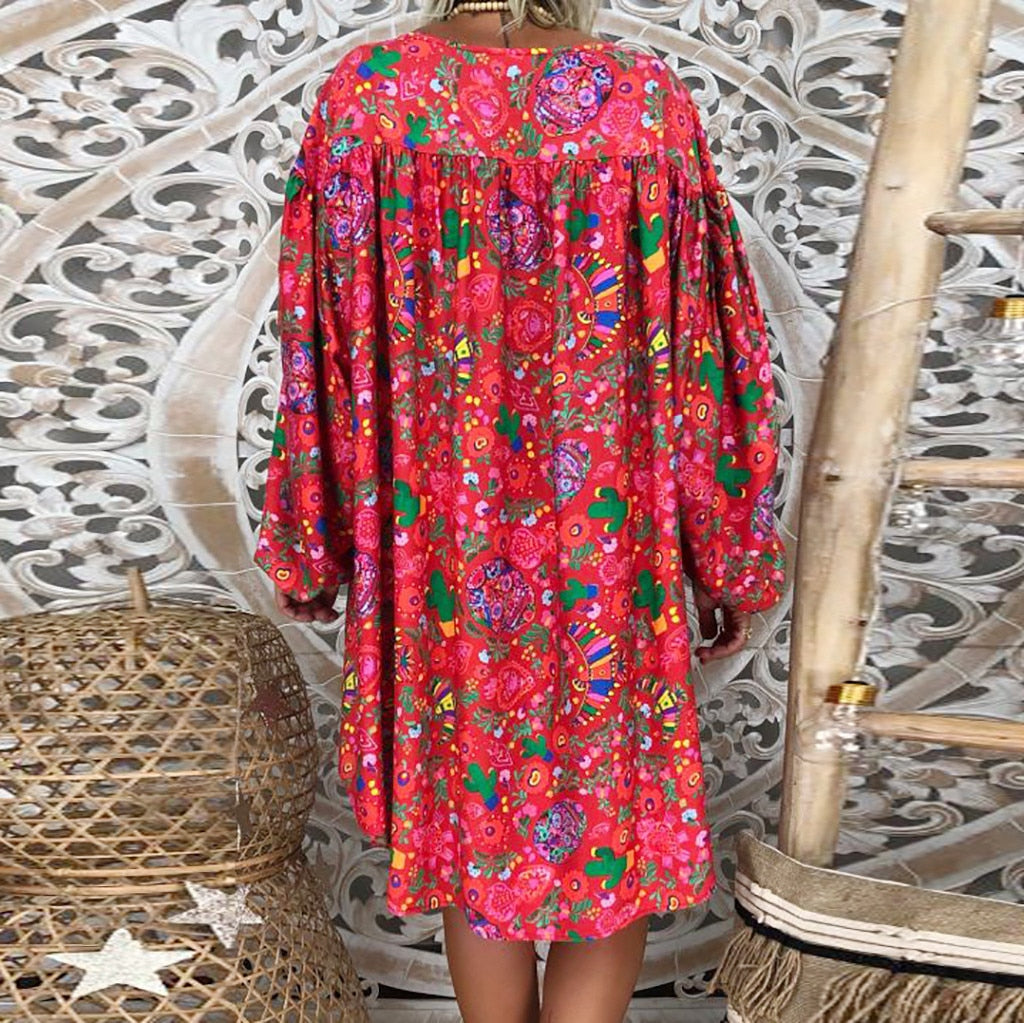 Women'S Summer Boho Vintage Floral Print Deep V Neck Beach Mini Dresses
