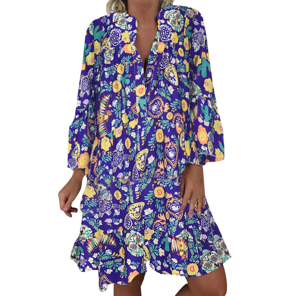 Women'S Dresses Plus Size Loose Print Long Sleeve V-Collar Button Mini Dress
