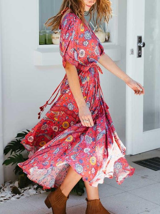Exotic Floral Print V-Neck Long Summer Kimono Sleeve Women Dress