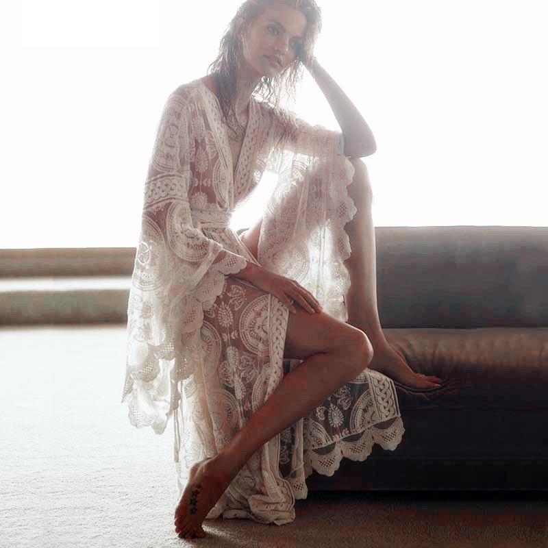 Bell Sleeve Lace Maxi Summer Bohemian Beach Dress Cover-Up