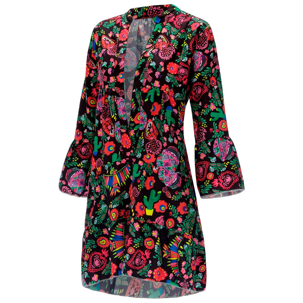 Women'S Dresses Plus Size Loose Print Long Sleeve V-Collar Button Mini Dress