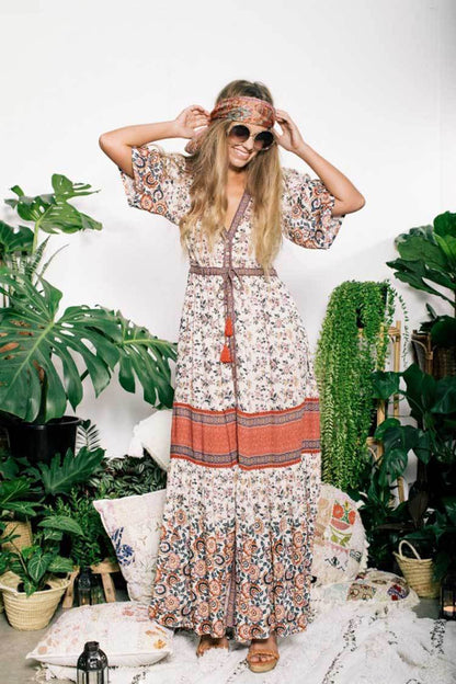 Boho Maxi Floral Print V-Neck Tassel Drawstring Dress