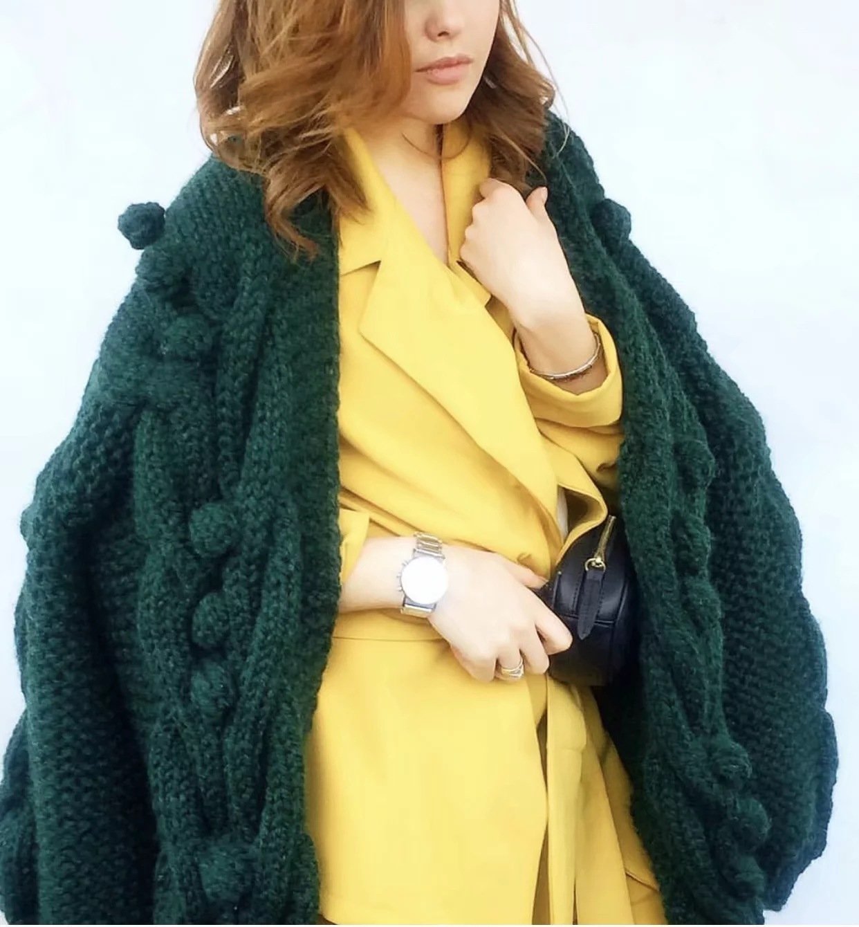 Autumn Winter  New European American Style Pure Hand-Woven Ball Big Hemp Sweater Fashion Sweater Women Cardigans  V-Neck