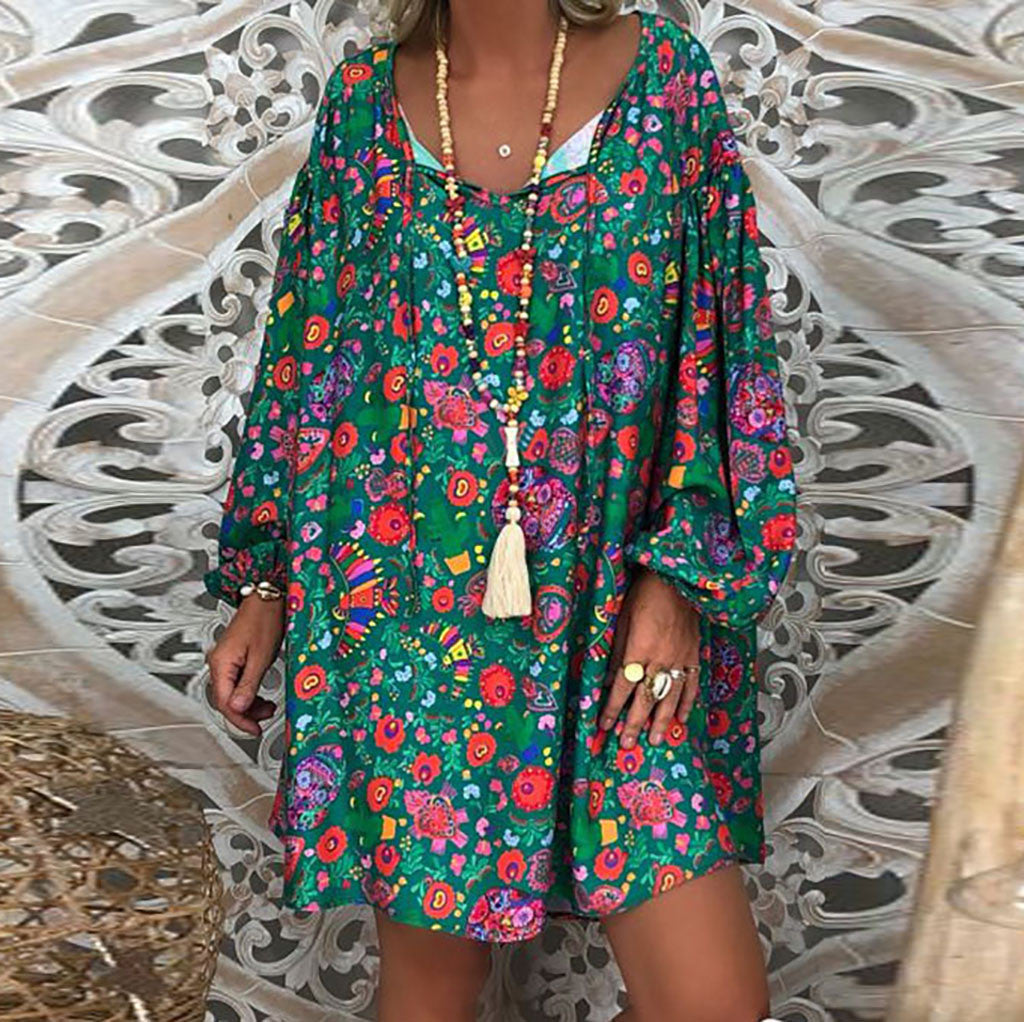 Women'S Summer Boho Vintage Floral Print Deep V Neck Beach Mini Dresses