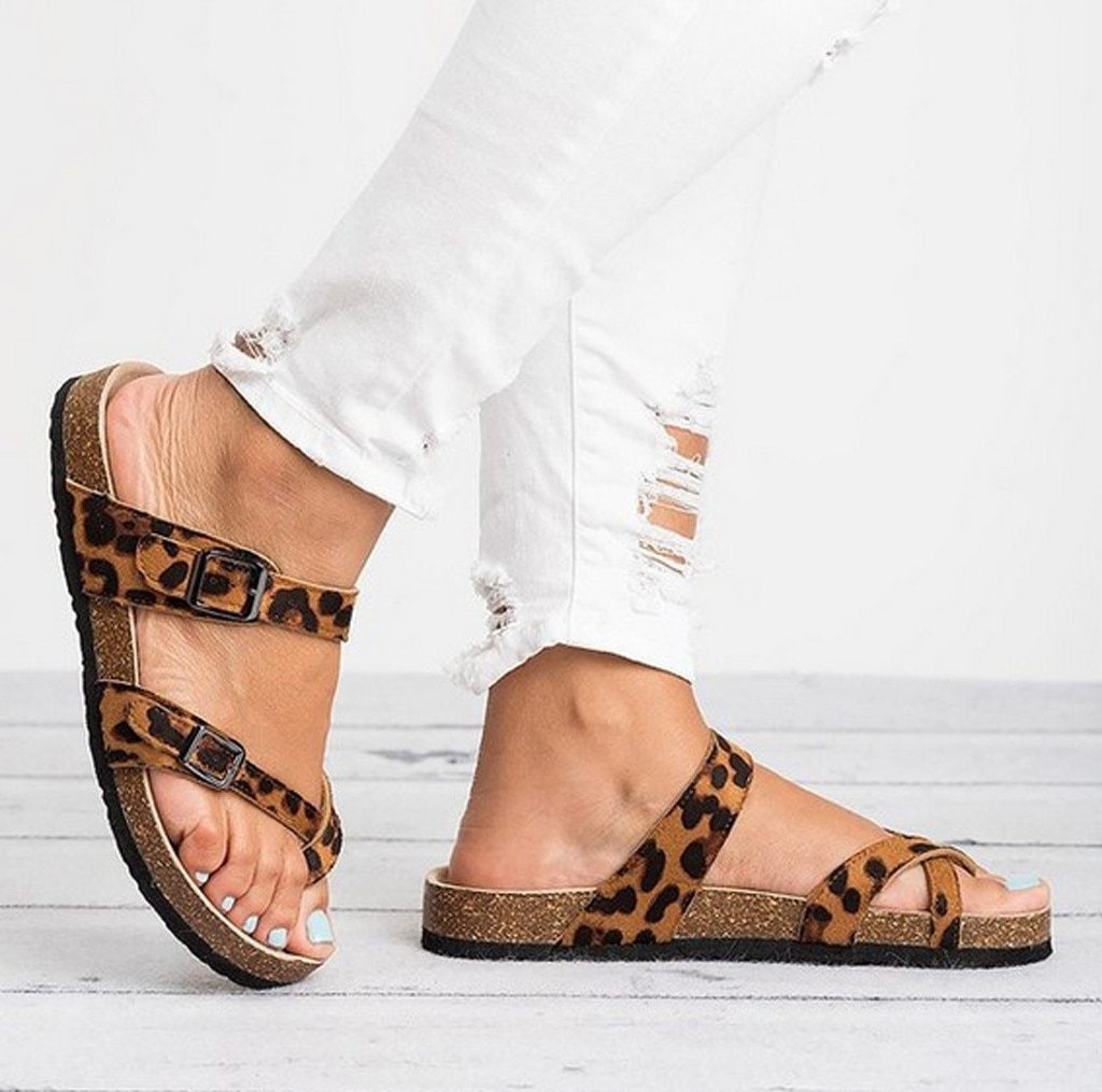 Women Flip Flops Ladies Slippers Retro Beach Leopard Print Flats Sandals