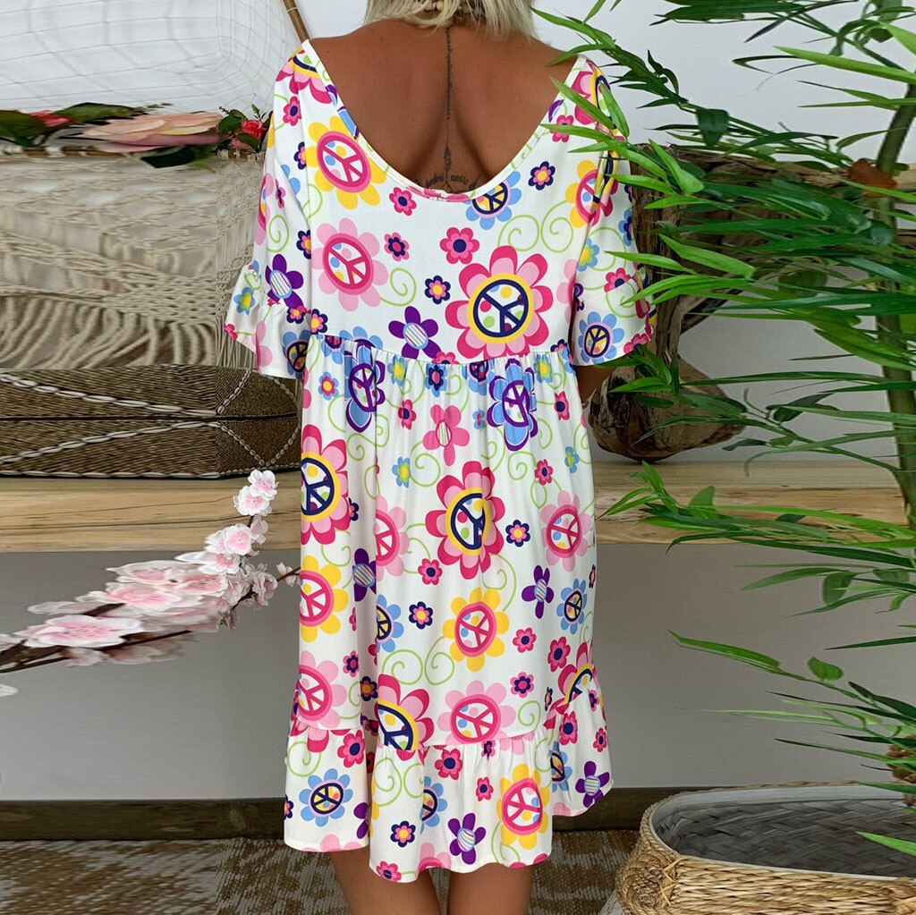 Bohemian Loose Flower Print Short-Sleeved Ruffled Summer Mini Dress