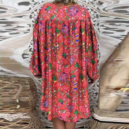 Women'S Summer Boho Vintage Floral Print Deep V Neck Beach Mini Dresses
