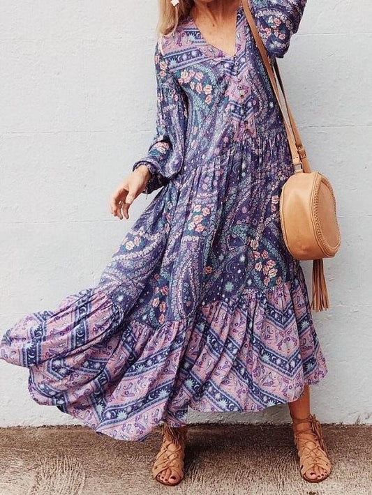 Bohemian Floral Long Sleeve V-Neck Button Maxi Loose Dress