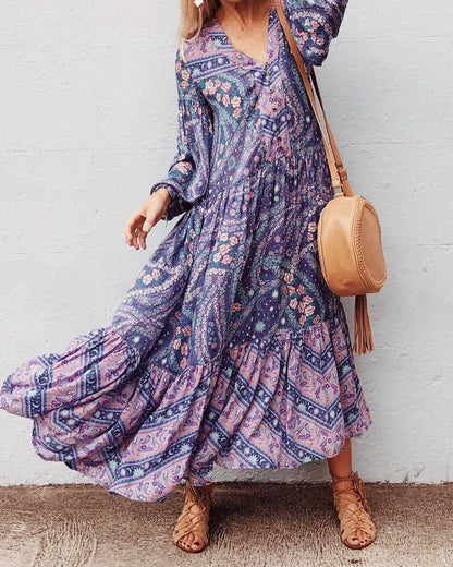 Bohemian Floral Long Sleeve V-Neck Button Maxi Loose Dress