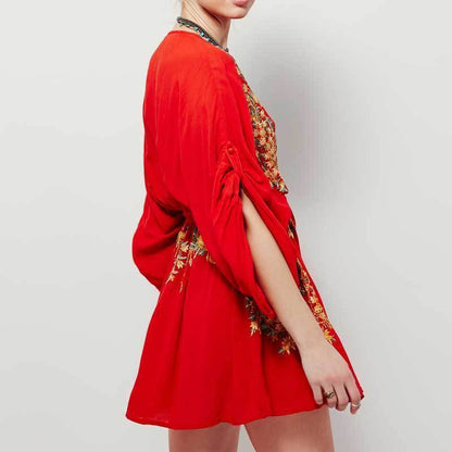 Boho Sexy Embroidered Deep V-Neck Drawstring Long Sleeve Mini Dress