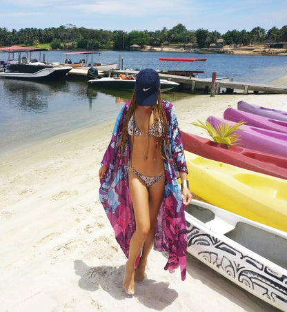 Floral Purple Chiffon Batwing Sleeve Beach Kimono With Belt Dress Cover-Up