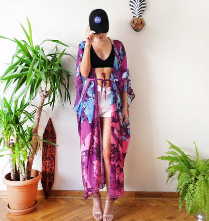 Floral Purple Chiffon Batwing Sleeve Beach Kimono With Belt Dress Cover-Up