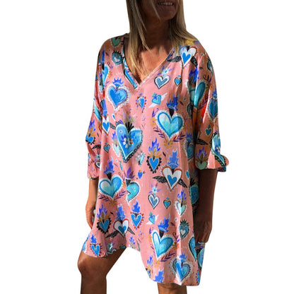 New Womens Casual Print V-Neck Short Sleeve Mini Dress