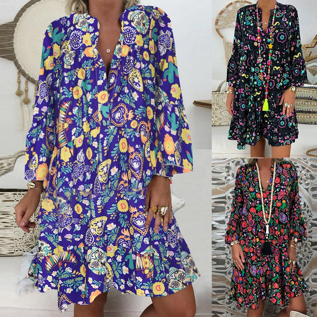 Women'S Dresses Plus Size Loose Print Long Sleeve V-Collar Button Mini Dress