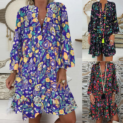 Women'S Dresses Plus Size Loose Print Long Sleeve V-Collar Button Mini Dress