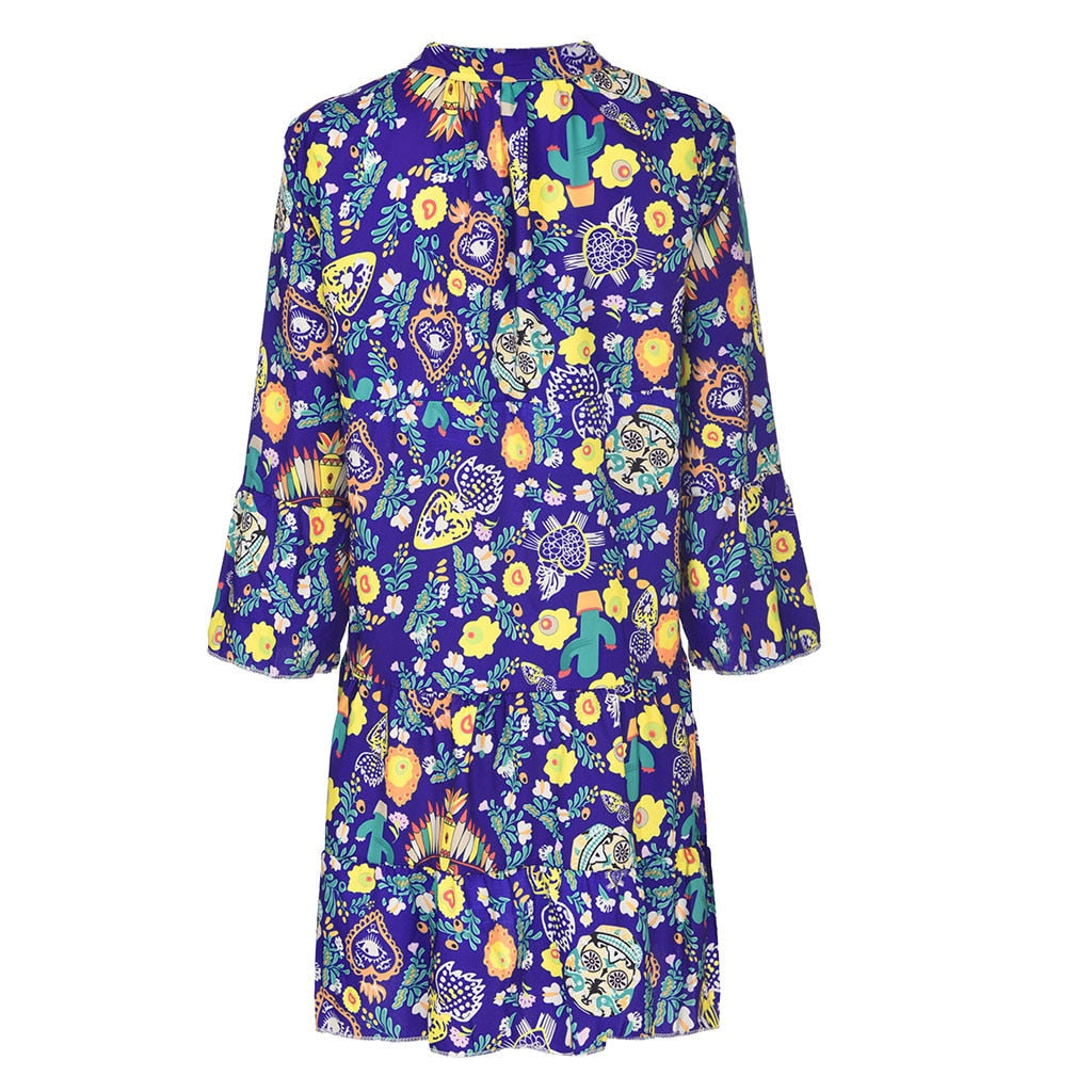 Women'S Dresses Plus Size Loose Print Long Sleeve V-Collar Button Mini Dress