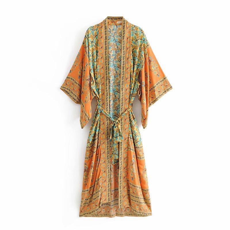 Bohemian Floral Print Women Long Sleeve Boho Cover-Up
