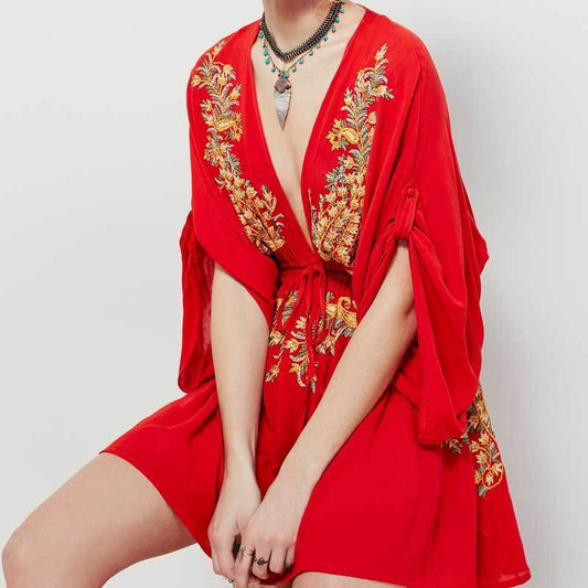 Boho Sexy Embroidered Deep V-Neck Drawstring Long Sleeve Mini Dress