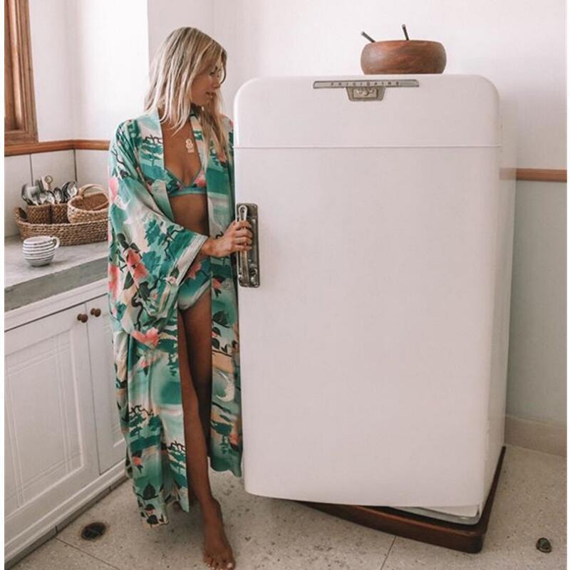 Women Long Wrap Belt Ties Front Beach Floral Kimono Swimwear Cover Ups