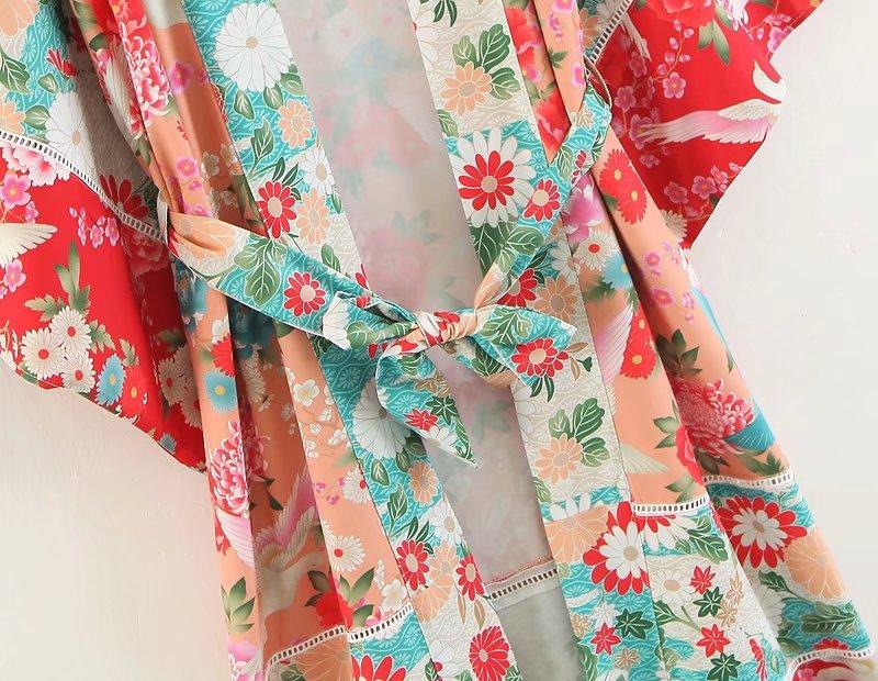 Boho Patchwork Maxi Floral Print Long Batwing Sleeve Belt Cover-Up