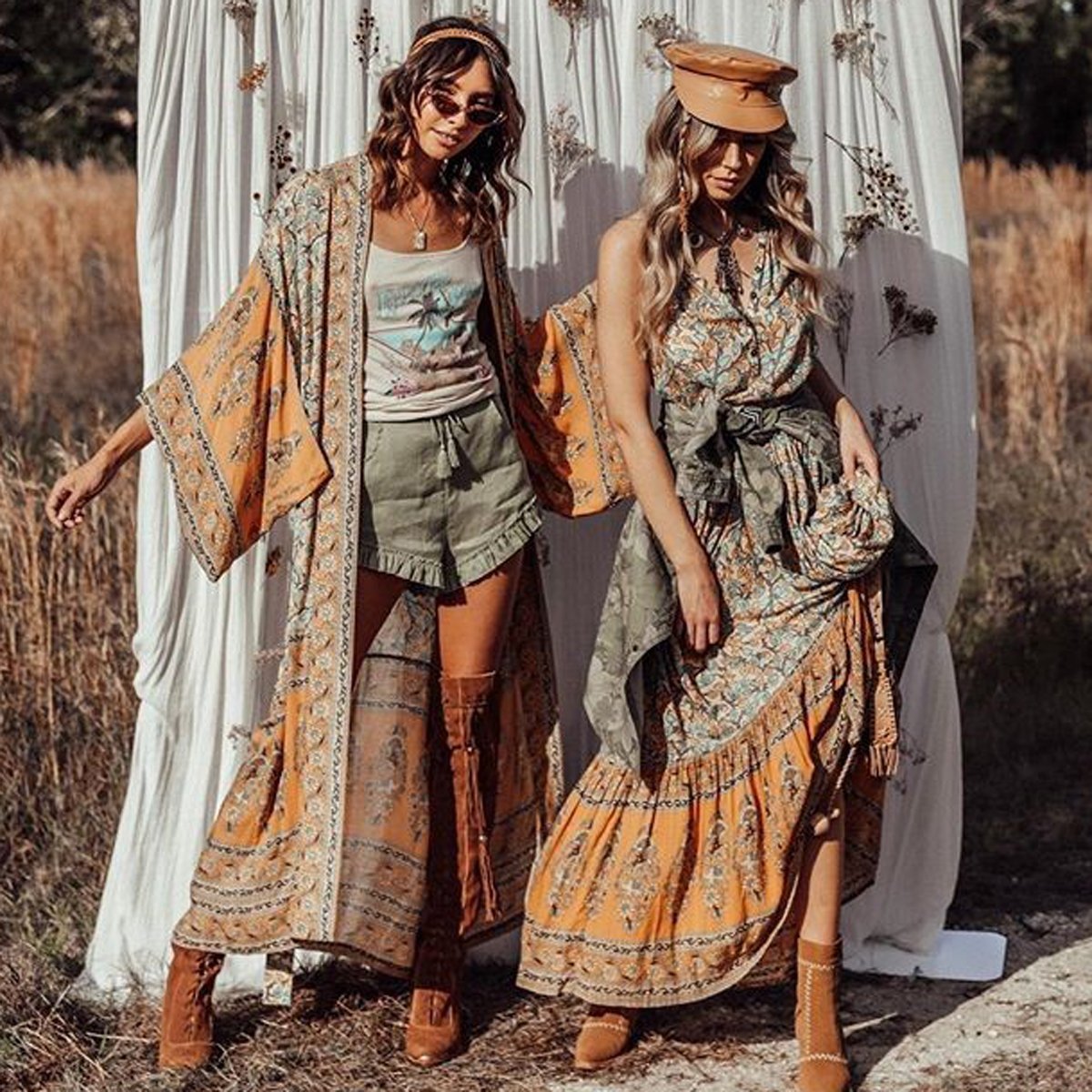 Bohemian Floral Print Women Long Sleeve Boho Cover-Up