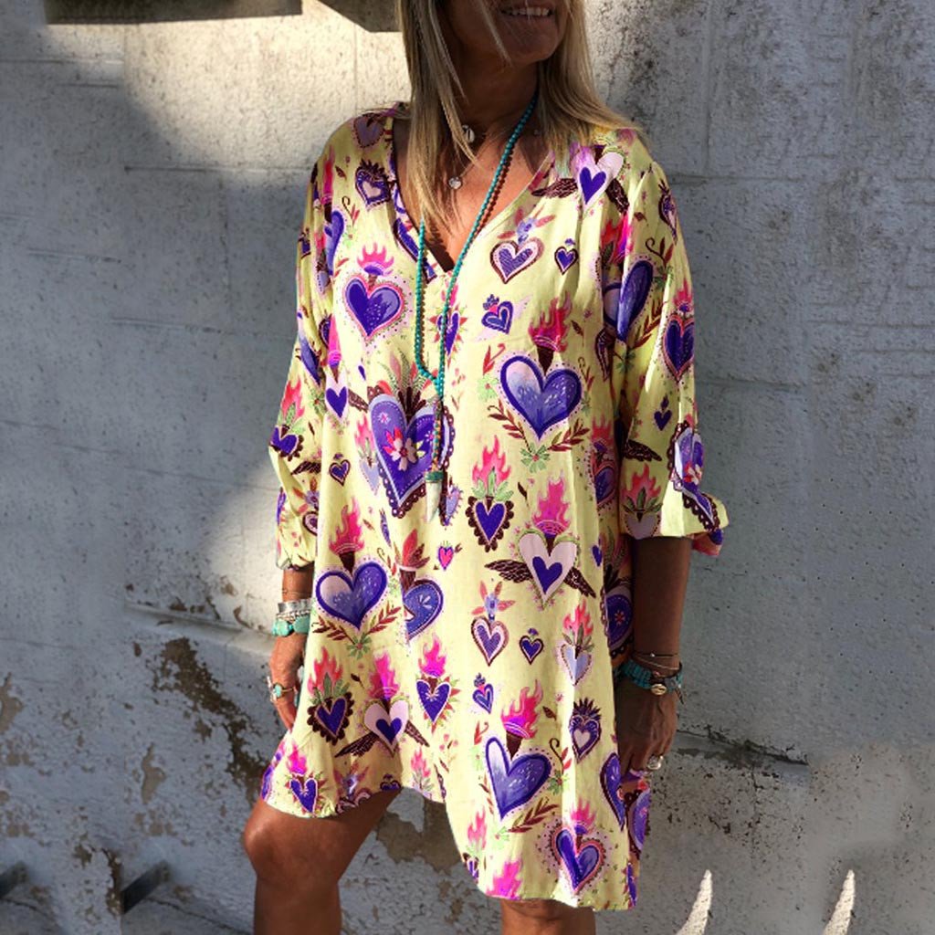 New Womens Casual Print V-Neck Short Sleeve Mini Dress