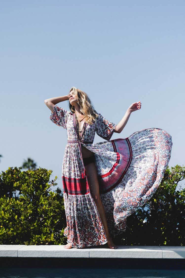 Boho Maxi Floral Print V-Neck Tassel Drawstring Dress