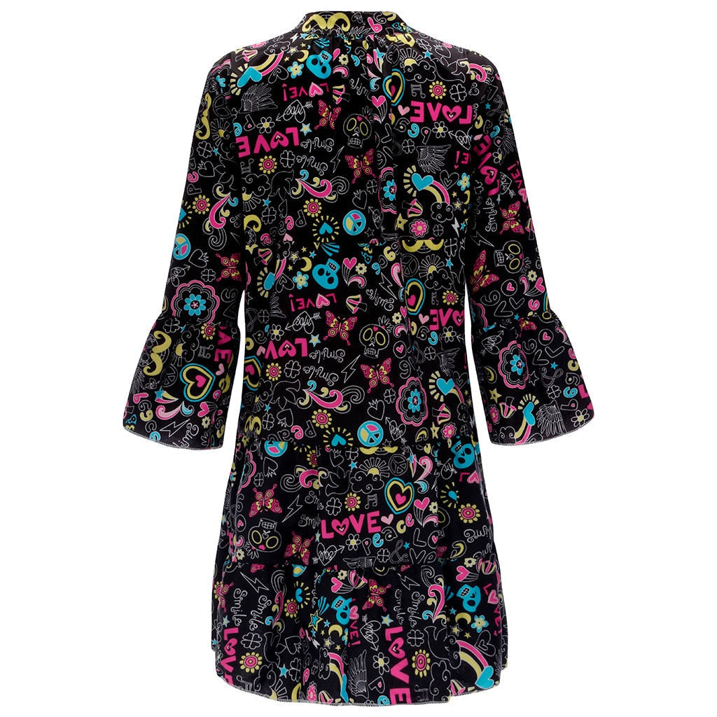 Women'S Dresses Plus Size Loose Print Long Sleeve V-Collar Button Mini Dress