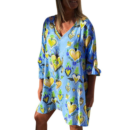 New Womens Casual Print V-Neck Short Sleeve Mini Dress