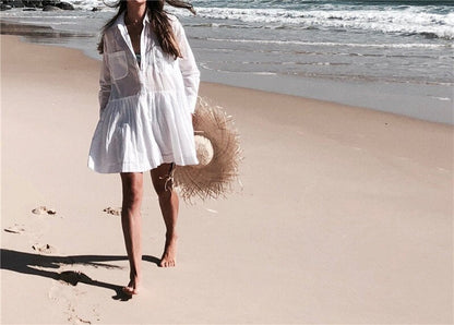 Women Summer Beach Wear White Cotton Tunic Sexy Plunging Neck Front Pocket Short Mini Dress Beach Cover Up