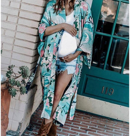 Women Long Wrap Belt Ties Front Beach Floral Kimono Swimwear Cover Ups