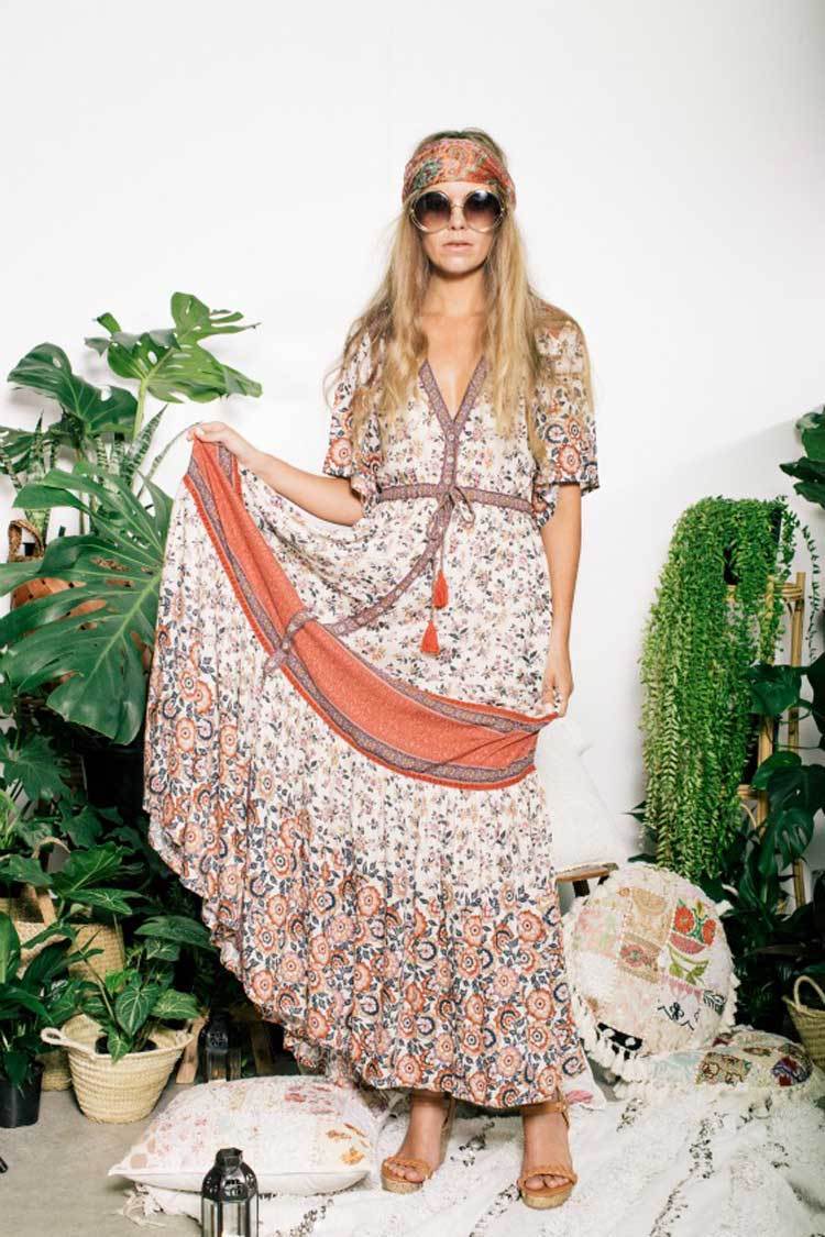 Boho Maxi Floral Print V-Neck Tassel Drawstring Dress