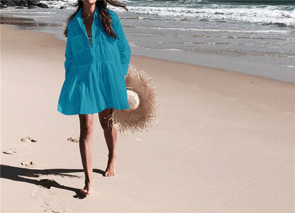 Women Summer Beach Wear White Cotton Tunic Sexy Plunging Neck Front Pocket Short Mini Dress Beach Cover Up