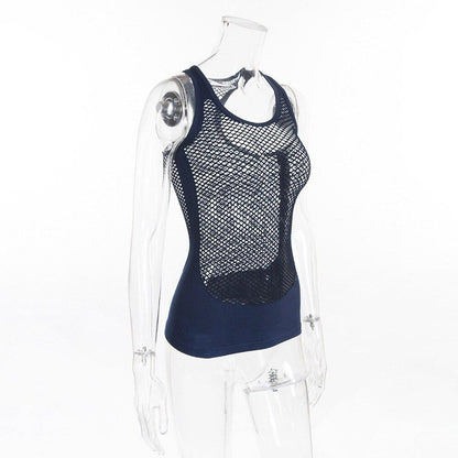 New Women Blue Mesh Sports Running T-Shirts Yoga Tanks Comfortable Loose Style Quick Dry Vest