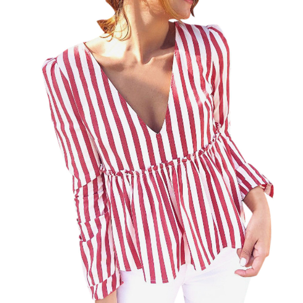 Tops Womens New Arrived Casual Striped V-Neck Full Sleeve  Shirt Brief T-Shirt