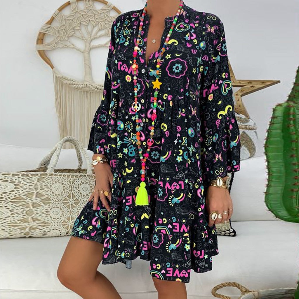 Women'S Dresses Plus Size Loose Print Long Sleeve V-Collar Button Mini Dress