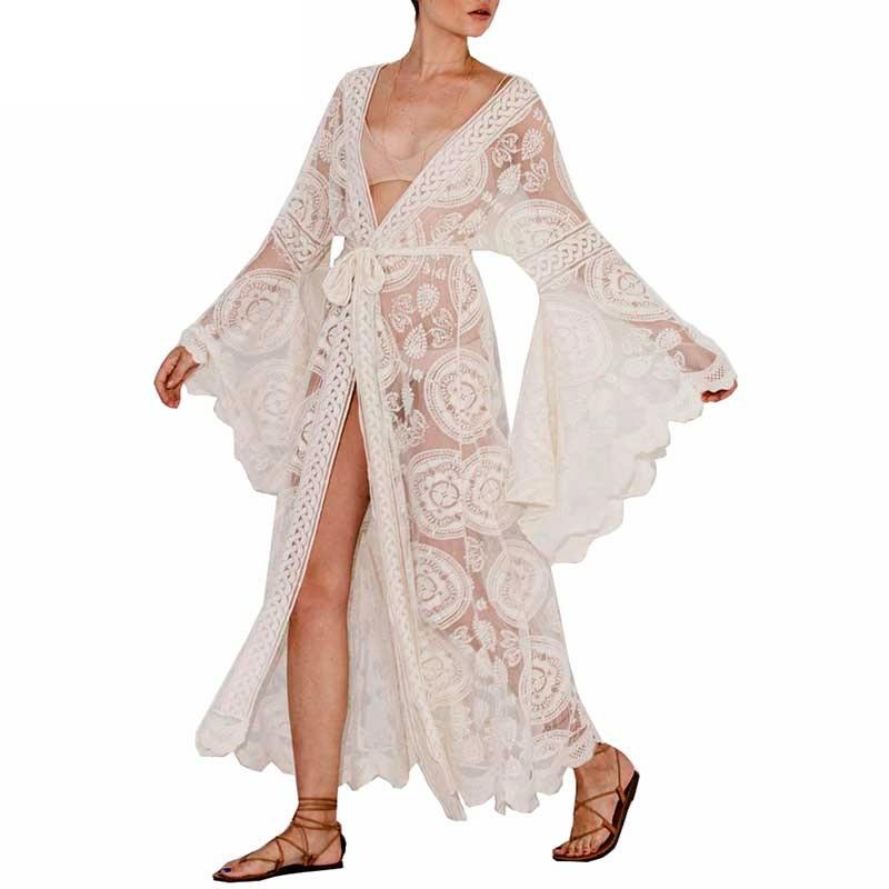 Bell Sleeve Lace Maxi Summer Bohemian Beach Dress Cover-Up
