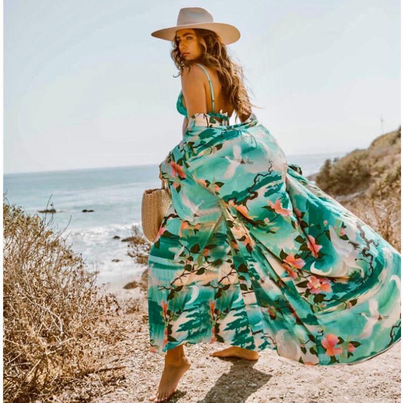 Women Long Wrap Belt Ties Front Beach Floral Kimono Swimwear Cover Ups