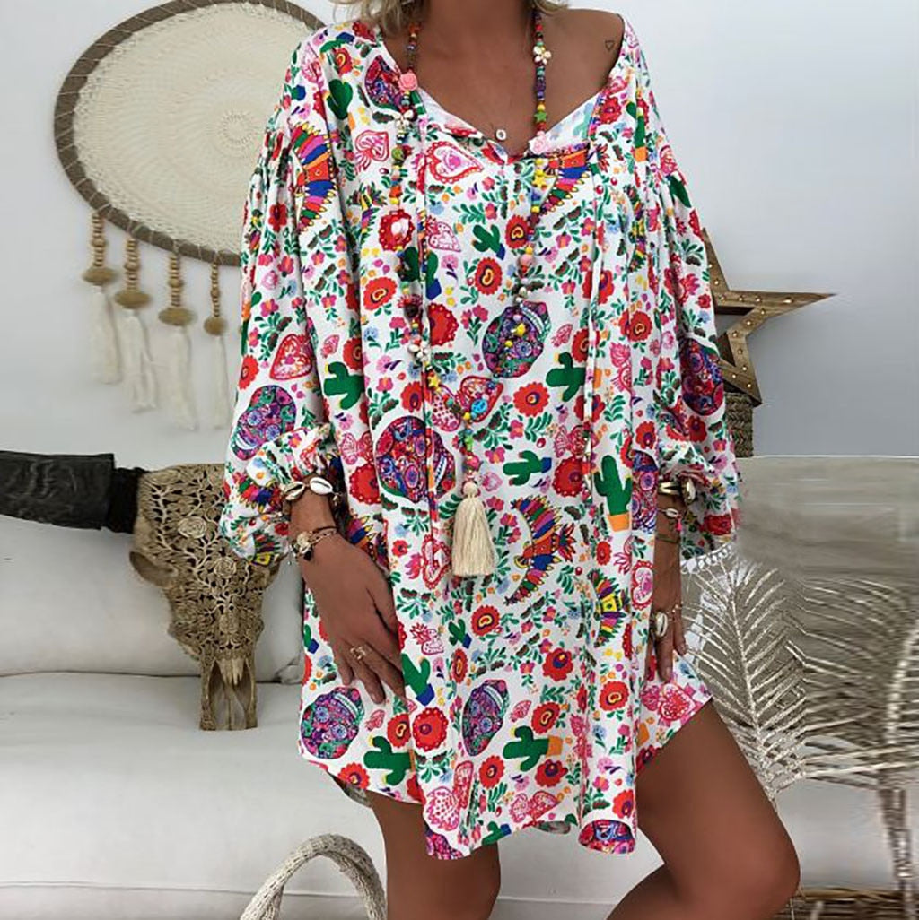 Women'S Summer Boho Vintage Floral Print Deep V Neck Beach Mini Dresses