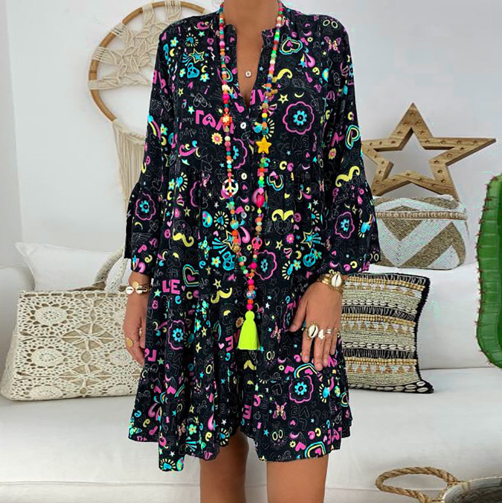 Women'S Dresses Plus Size Loose Print Long Sleeve V-Collar Button Mini Dress