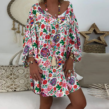 Women'S Summer Boho Vintage Floral Print Deep V Neck Beach Mini Dresses