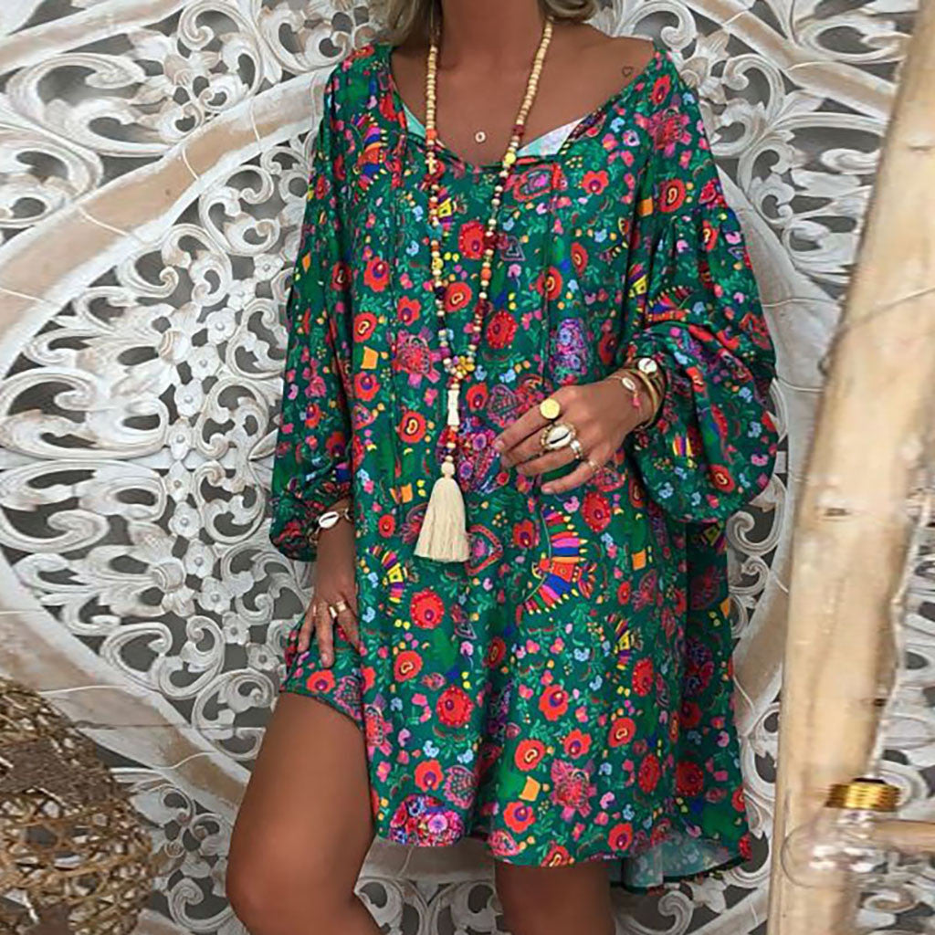 Women'S Summer Boho Vintage Floral Print Deep V Neck Beach Mini Dresses