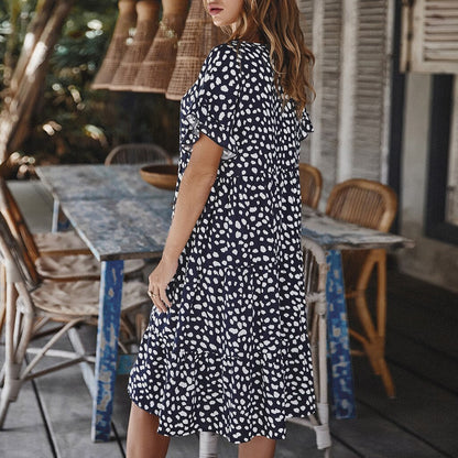 Women Loose O-Neck Short Sleeve Dots Print Mini Dresses