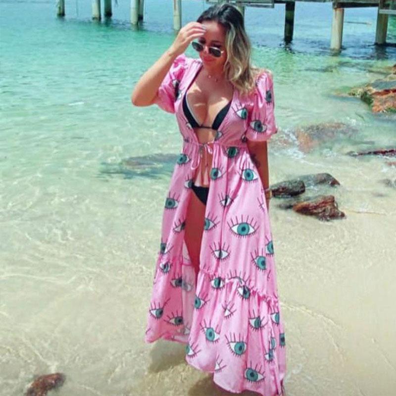 Wrinkle-Free Pink Eyes Chiffon Dresses Sexy Short Sleeve 2021 Summer Beach Dress Women Beach Wear Swim Suit Cover Up D1