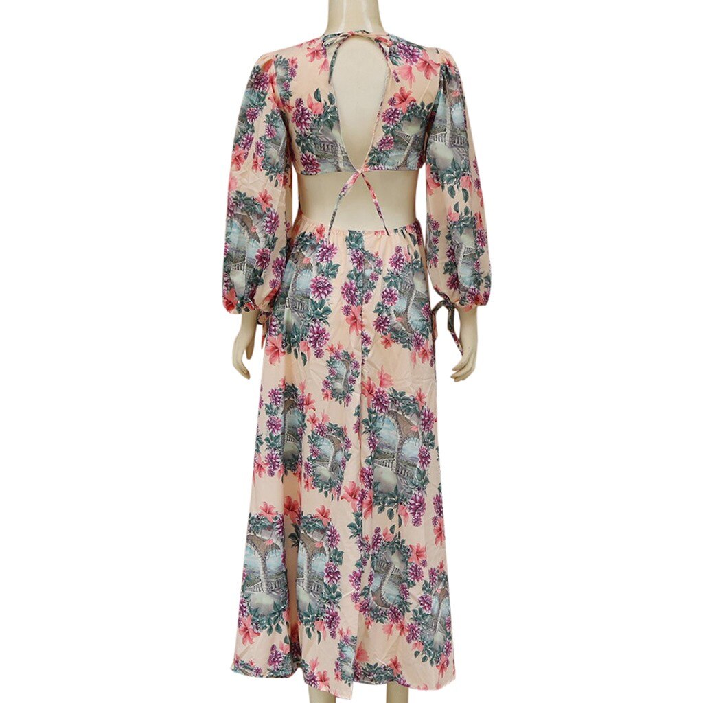 Fashion Women Maxi Dress Boho Style Long Sleeve Sundress Autumn Casual Floral Print Camouflag Skull Print Party Dress Vestidos