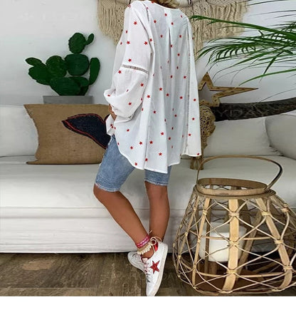 Women White Casual Lantern Long Sleeve Hollow Pentagram Printed Blouse Shirt